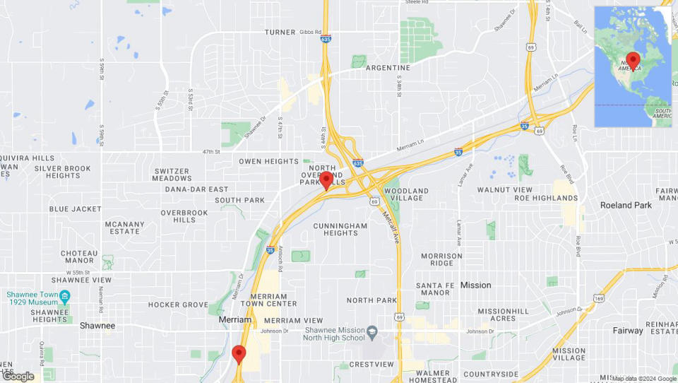 A detailed map that shows the affected road due to 'Heavy rain prompts traffic advisory on southbound I-35 in Overland Park' on July 10th at 10:29 p.m.