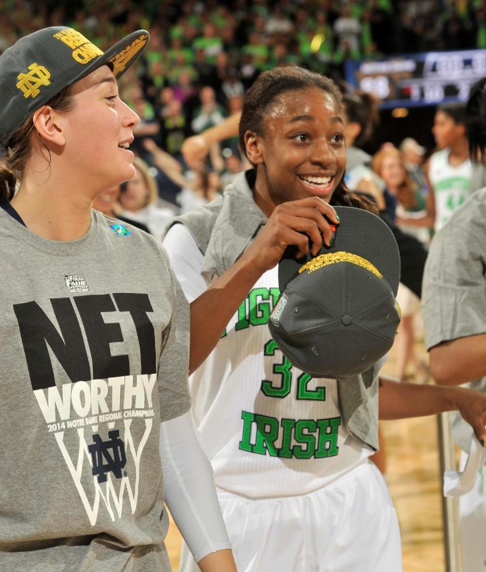 Notre Dame guards Jewell Loyd, right, and Michaela Mabrey celebrate their win over Baylor in a NCAA women's college basketball tournament regional final game at the Purcell Pavilion in South Bend, Ind Monday March 31, 2014. Notre Dame won 88-69. (AP Photo/Joe Raymond)