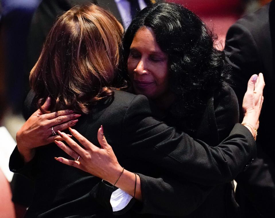 Vice President Kamala Harris hugs RowVaughn Wells during the funeral service for Wells' son Tyre Nichols at Mississippi Boulevard Christian Church in Memphis, Tenn., on Wednesday, Feb. 1, 2023.