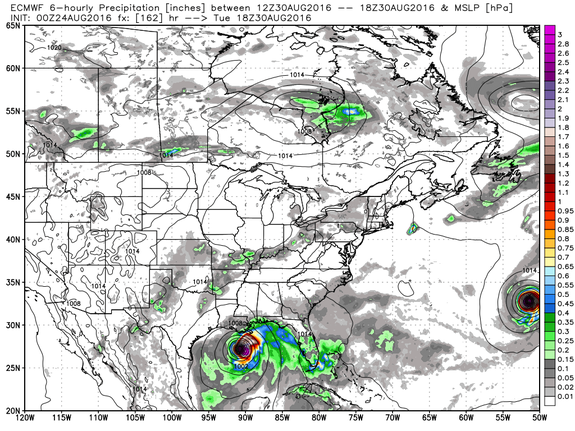 European model projecting an intense hurricane in the Gulf of Mexico on Tuesday, August 30, 2016.