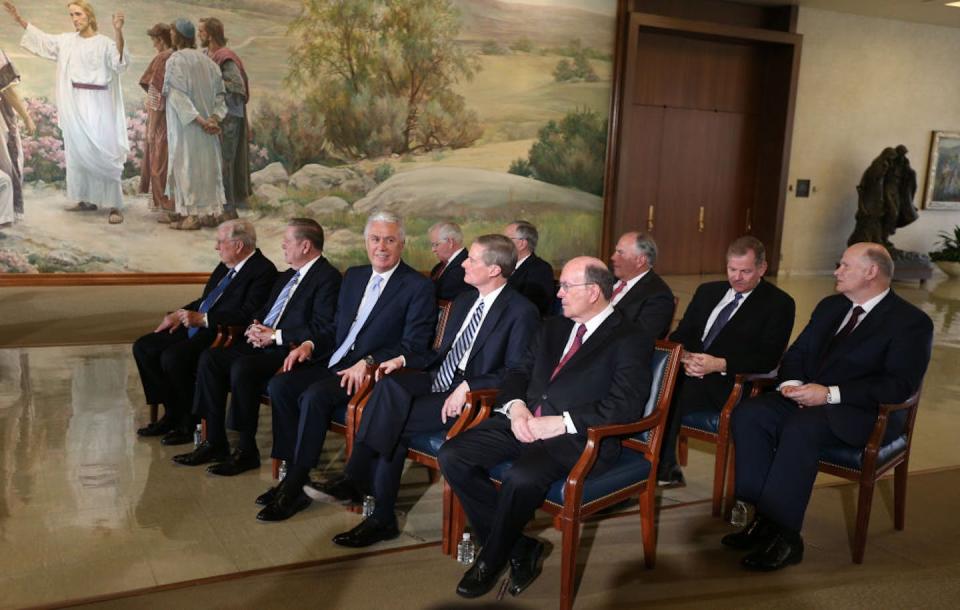 Apostles of the Church of Jesus Christ of Latter-day Saints listen to Russell M. Nelson after he was announced as the 17th president of the church in 2017. <a href="https://www.gettyimages.com/detail/news-photo/mormron-apostles-sit-to-the-side-listening-to-president-news-photo/905697610?phrase=%22church%20of%20jesus%20christ%20of%20latter-day%20saints%22%20nelson&adppopup=true" rel="nofollow noopener" target="_blank" data-ylk="slk:George Frey/Getty Images;elm:context_link;itc:0;sec:content-canvas" class="link ">George Frey/Getty Images</a>