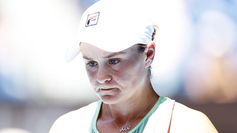 Ash Barty looking dejected after a point at the Australian Open.
