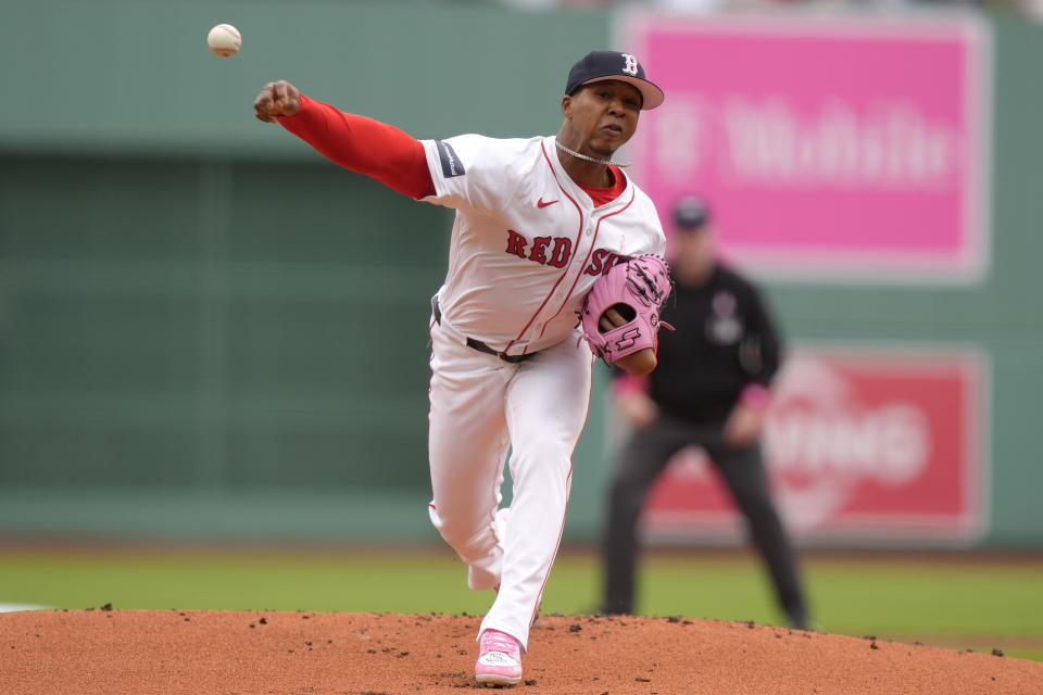 Boston Red Sox's Brayan Bello delivers a pitch to a Washington Nationals batter in the first inning of a baseball game, Sunday, May 12, 2024, in Boston. (AP Photo/Steven Senne)