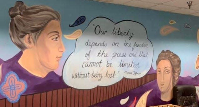 A mural in The Desert Sun newsroom features an inspirational quote by Thomas Jefferson.