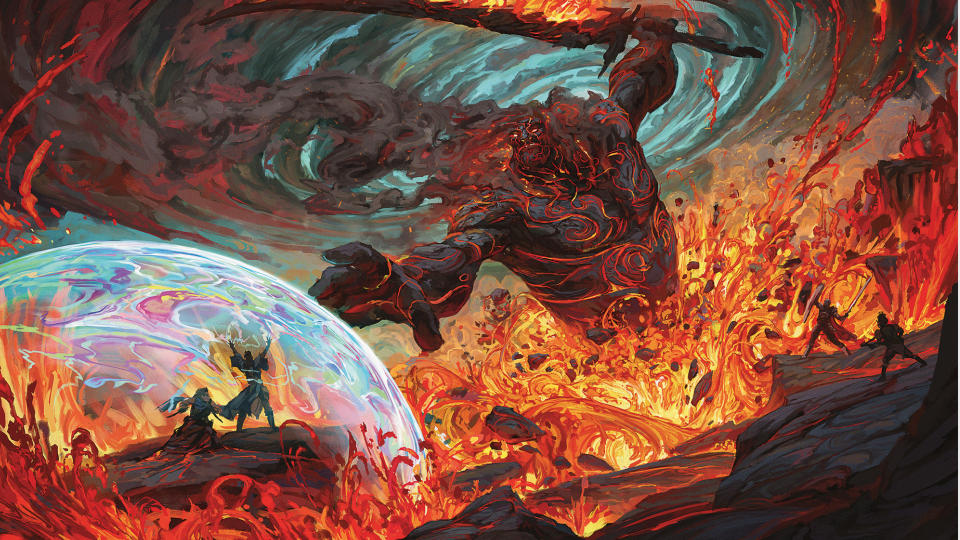 A Fire Giant battles wizards with lava all around, from Bigby Presents: Glory of the Giants