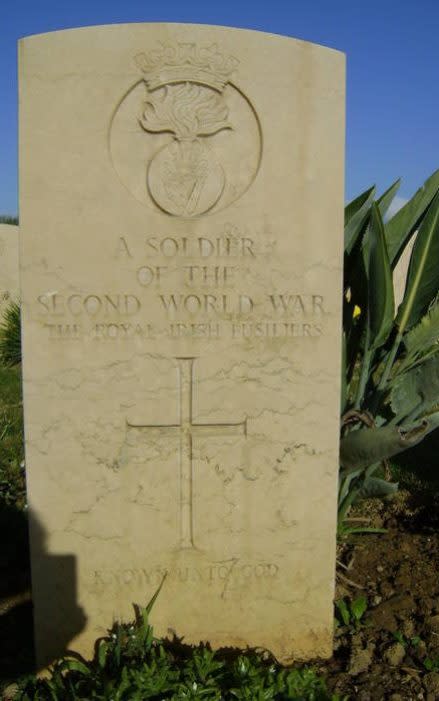 The existing gravestone in the Commonwealth military cemetery in Catania, Sicily. It will be replaced in a rededication ceremony in October. - Credit: Irish Brigade