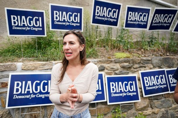 PHOTO: New York 17th Congressional District Democratic primary candidate state Sen. Alessandra Biaggi speaks during an interview with The Associated Press during a canvass launch event for her campaign, Aug. 13, 2022, in Sleepy Hollow, N.Y. (Mary Altaffer/AP)