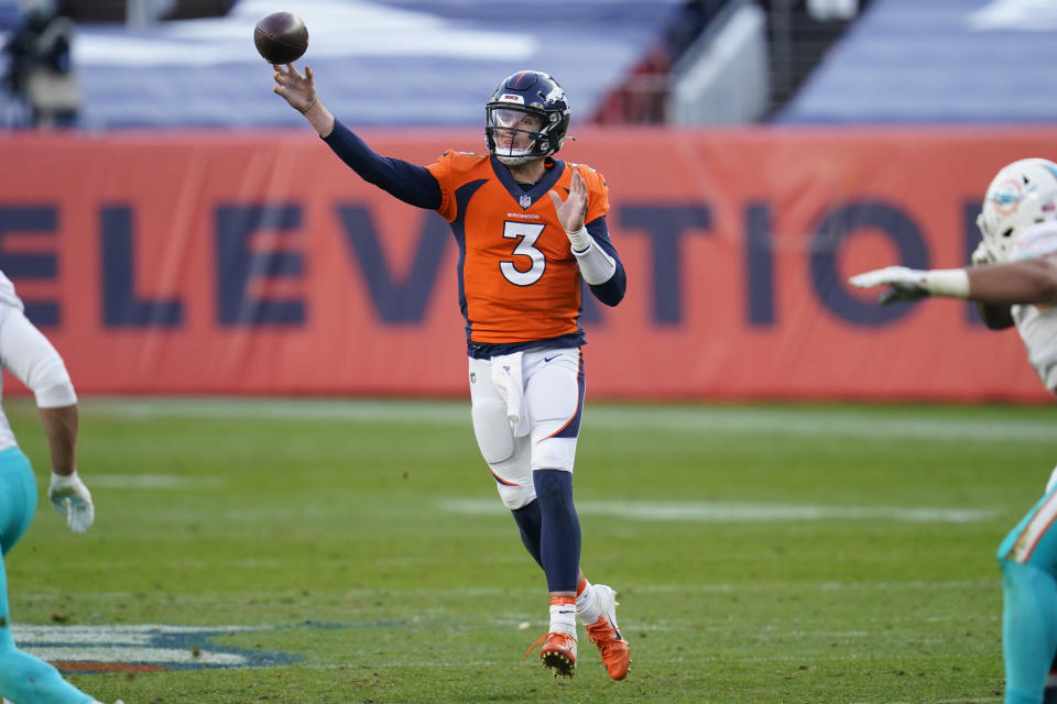 Denver Broncos quarterback Drew Lock (3) throws against the Miami Dolphins during the second half of an NFL football game, Sunday, Nov. 22, 2020, in Denver. (AP Photo/David Zalubowski)