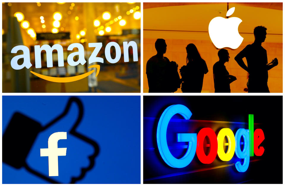 The logos of Amazon, Apple, Facebook and Google are seen in a combination photo from Reuters files.    REUTERS/File Photos