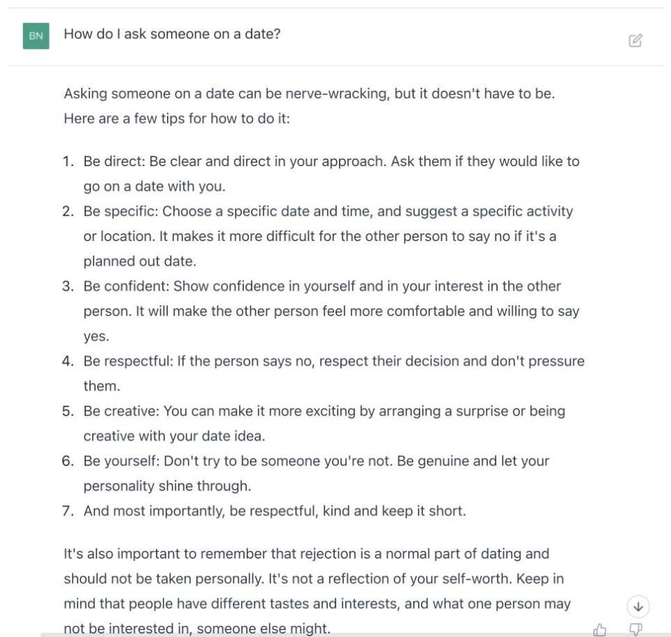 Screenshot of ChatGPT's response to "How do I ask someone on a date?"