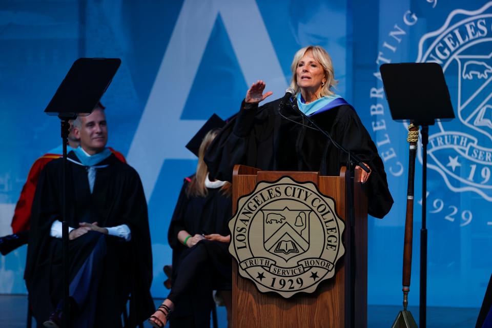 First lady Jill Biden, a community college professor, speaks at the Los Angeles City College Class of 2022 Commencement ceremony in Los Angeles, June 7, 2022.