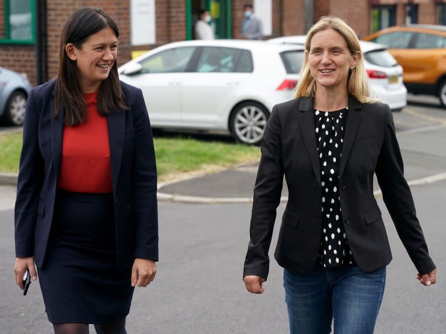 Kim Leadbeater (right) campaigning in Batley with shadow foreign secretary Lisa Nandy (Getty)