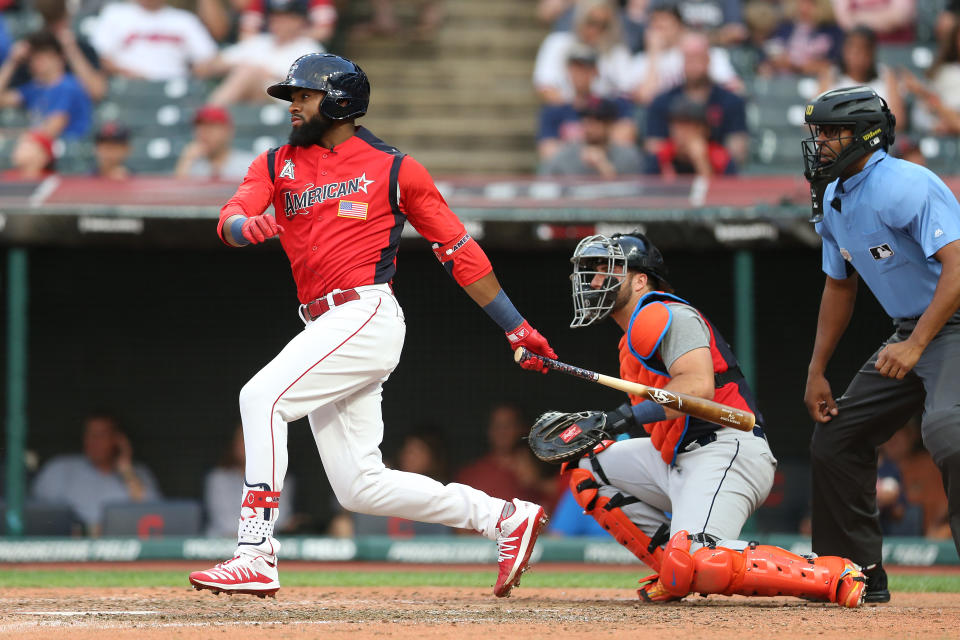 CLEVELAND, OH - JULY 07:  Jo Adell #25 of the American League Futures Team bats during the SiriusXM All-Star Futures Game at Progressive Field on Sunday, July 7, 2019 in Cleveland, Ohio. (Photo by Rob Tringali/MLB Photos via Getty Images)