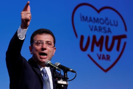 Imamoglu, main opposition CHP's Istanbul mayoral candidate, speaks during his campaign coordination meeting in Istanbul