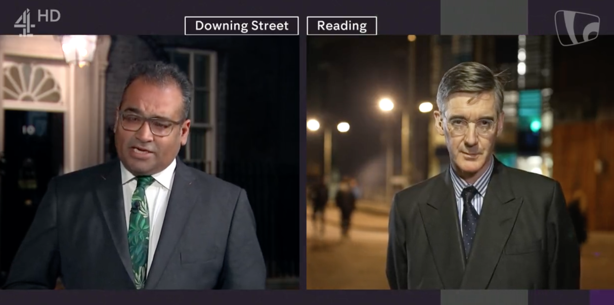 Krishnan Guru-Murthy (left) was questioned by Jacob Rees-Mogg (right) on his comments about Northern Ireland Minister Steve Baker. (Twitter/Clean Feed @ The TV Room)