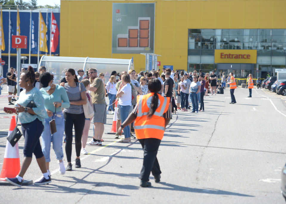 People queuing at the Ikea store in Lakeside, Thurrock, Essex, which has reopened as part of a wider easing of lockdown restrictions in England.
