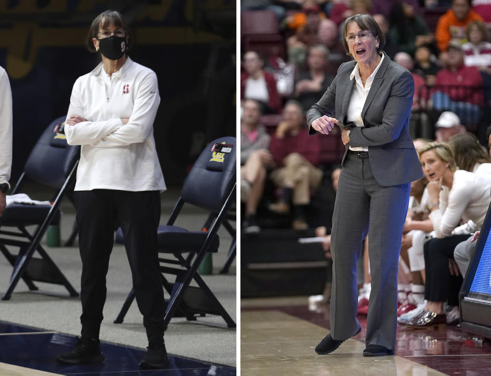 FILE - At left, in a Dec. 13, 2020, file photo, Stanford head coach Tara VanDerveer watches warmups before an NCAA college basketball game against California, in Berkeley, Calif. At right, in a Dec. 28, 2019, file photo, Stanford coach VanDerveer yells a play to her players during the first half against UC Davis in an NCAA college basketball game in Stanford, Calif. College basketball coaches have eschewed the traditional game day attire of coats, ties and dress slacks in favor of polos, quarter-zips and warmup pants. The trend started over the summer with NBA coaches who went casual when the league re-started its season at Walt Disney World resort near Orlando. (AP Photo/File)
