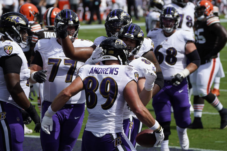 Baltimore Ravens tight end Mark Andrews (89) celebrates a touchdown, during an NFL football game against the Cleveland Browns, Sunday, Sept. 13, 2020, in Baltimore. (AP Photo/Julio Cortez)