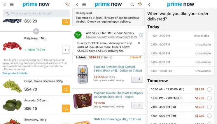 Amazon Prime Now was officially launched on Wednesday night (26 July) and offers a variety of items for Singaporeans to shop, from groceries such as your fresh fruits and vegetables, to electronic items such as laptops. (Photo: Amazon Prime Now/Facebook)