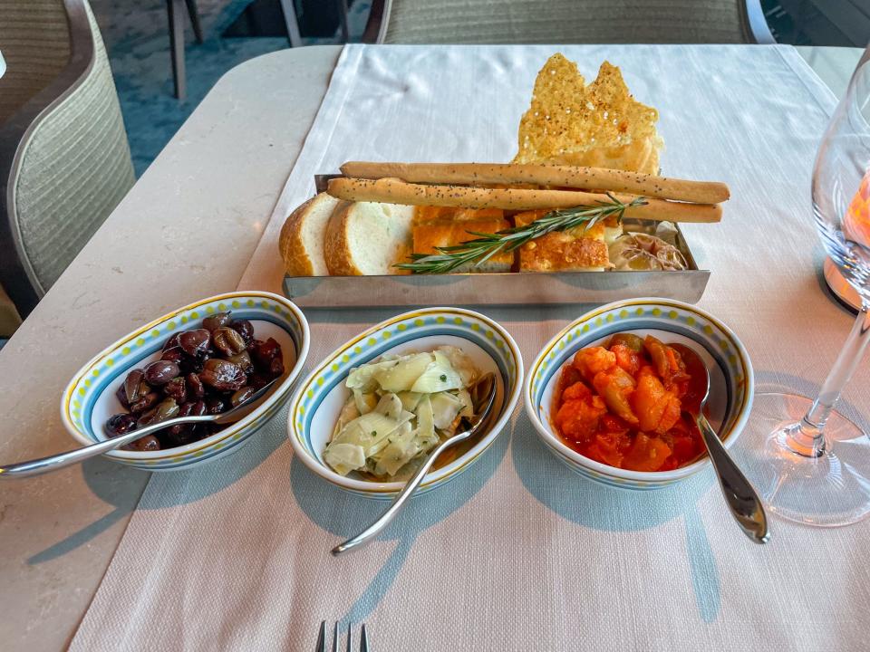 bread and small appetizers on  Silversea's Silver Ray cruise ship