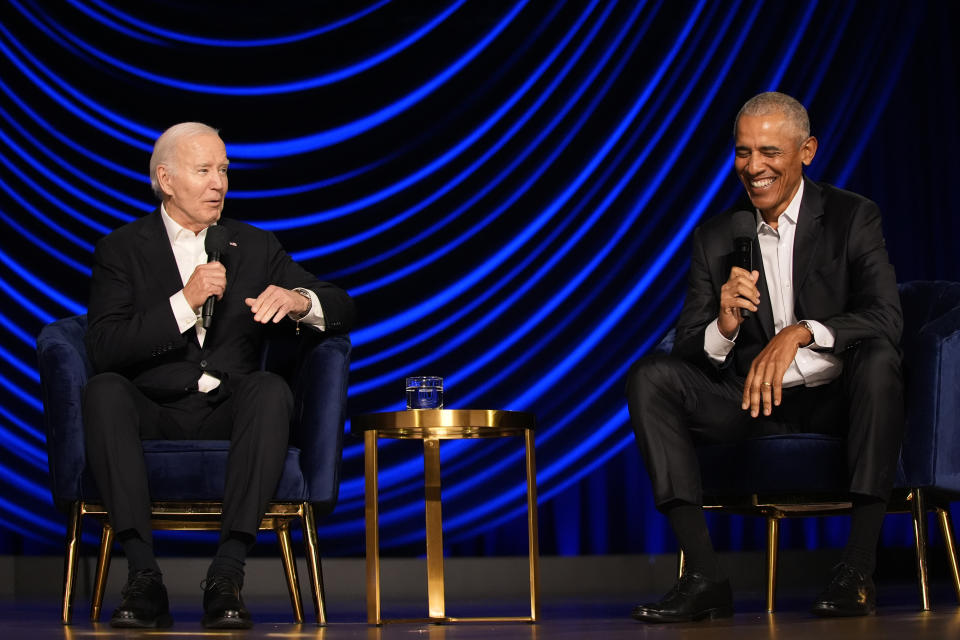 President Joe Biden speaks during a campaign event with former President Barack Obama at the Peacock Theater, Saturday, June 15, 2024, in Los Angeles. (AP Photo/Alex Brandon)