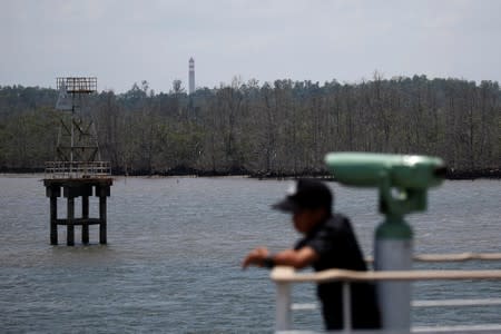 Mangrove trees are pictured as a man stands on a ferry boat to North Penajam Paser regency, in Balikpapan, East Kalimantan province