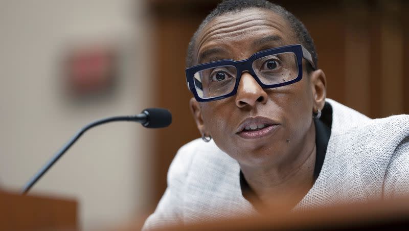Harvard President Claudine Gay speaks during a hearing of the House Committee on Education on Capitol Hill on Dec. 5, 2023, in Washington. Gay will resign from her position at Harvard on Tuesday, Jan. 2, 2024, school officials say. 