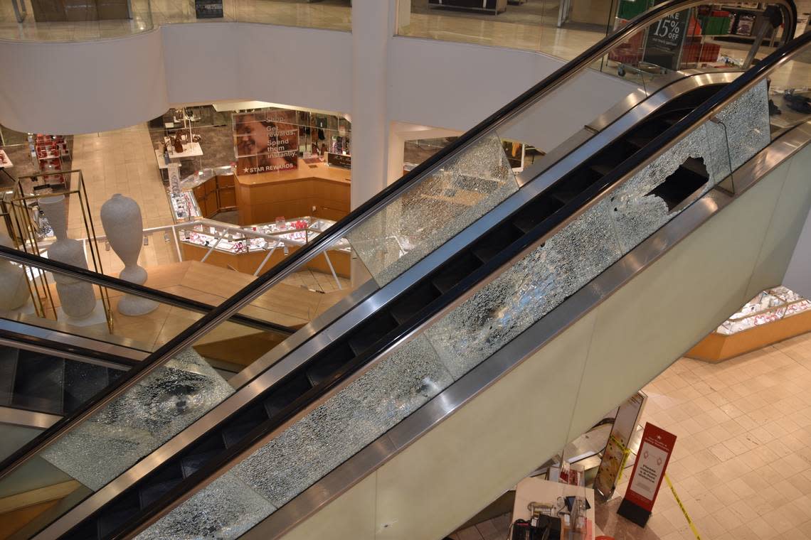 Shattered glass escalators at the scene of an October 2021 shooting at the Boise Towne Square Mall. One of the shooting’s victims, Roberto Padilla Arguelles, was shot on an escalator. Boise Police Department