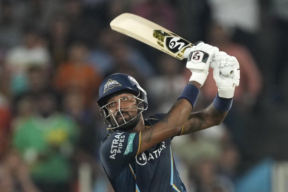 Gujarat Titans' captain Hardik Pandya bats during the Indian Premier League cricket match between Gujarat Titans and Delhi Capitals in Ahmedabad, India, Tuesday, May 2, 2023. (AP Photo/Ajit Solanki)