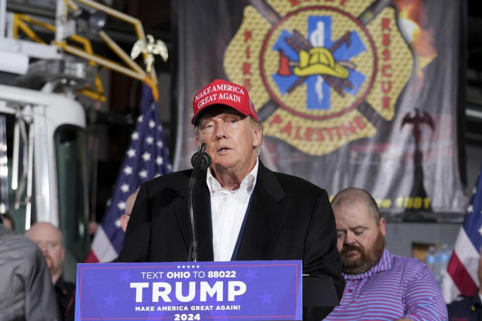 Former President Donald Trump speaks at the East Palestine Fire Department as he visits the area in the aftermath of the Norfolk Southern train derailment Feb. 3 in East Palestine, Ohio, Wednesday, Feb. 22, 2023. (AP Photo/Matt Freed)