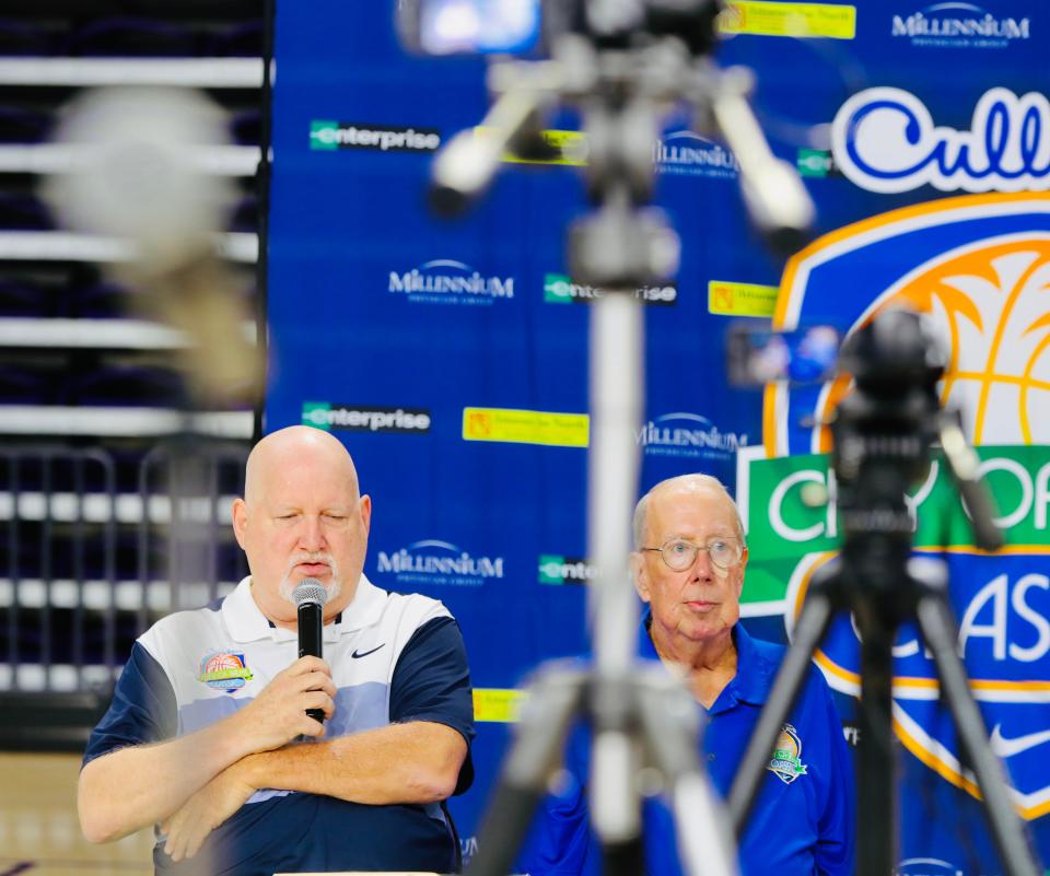 The teams were released for this year’s City of Palms Classic field at a press conference at Suncoast Credit Union. Donnie Wilkie, City of Palms Tournament Director, read off the team names. John Naylor, Executive Director, was also on hand. A handful of coaches were on Zoom and spoke on that it means to come to this tournament.