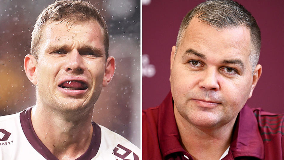 cCoach Anthony Seibold (pictured right) during a press conference and (pictured left) Tom Trbojevic in pain.