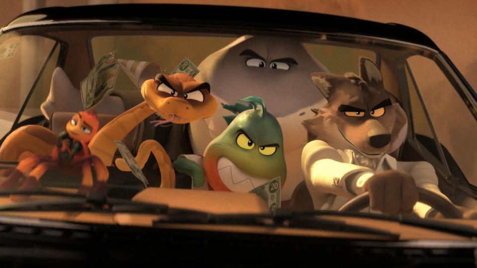 The titular heist crew for the animated movie The Bad Guys, a shot from the trailer.