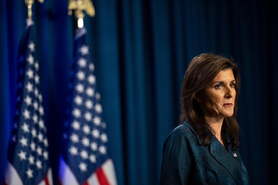 Presidential candidate Nikki Haley delivers a speech at Greenville ONE in downtown Greenville, S.C., on Tuesday, Feb. 20, 2024.