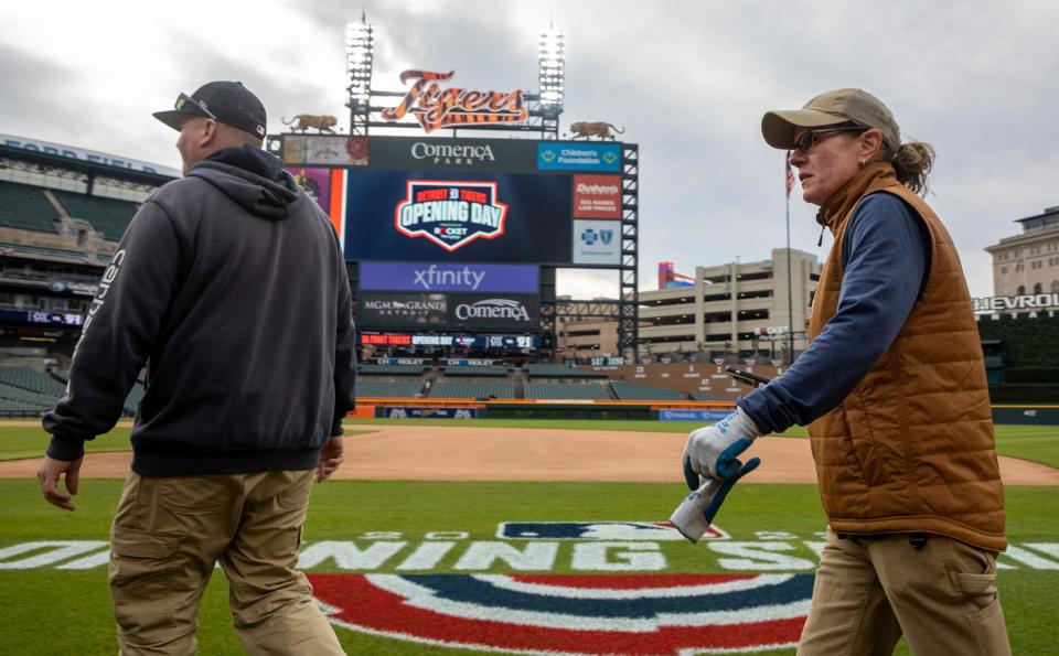 Heather Nabozny, the head groundkeeper for the Detroit Tigers, walks on the field during the Detroit Tigers Opening Day at Comerica Park in Detroit on Thursday, April 6, 2023. 