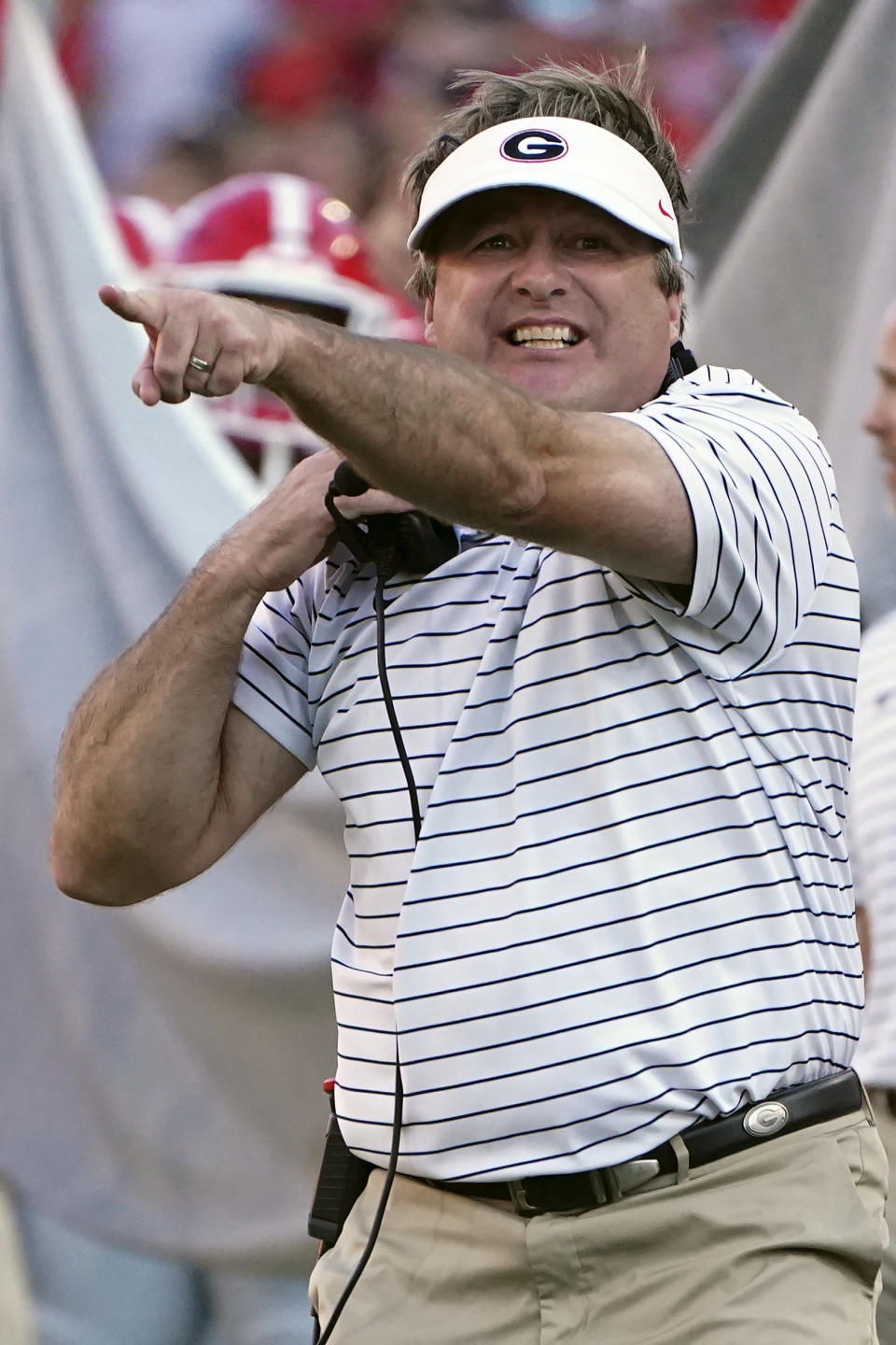 Georgia head coach Kirby Smart tries to get an official's attention during the second half of an NCAA college football game against Auburn, Saturday, Oct. 8, 2022, in Athens, Ga. (AP Photo/John Bazemore)