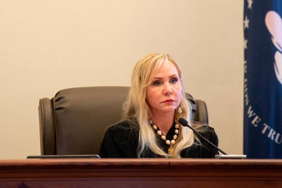 Judge Jennifer Schloegel presides over a court hearing for Ben Taylor’s case against DHS at Hancock County Chancery Court in Bay St. Louis on Monday, Sept. 12, 2022.