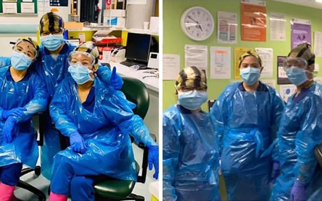 The three frontline staff were pictured wearing clinical waste bags on their heads and feet at Northwick Park Hospital in Harrow last month
