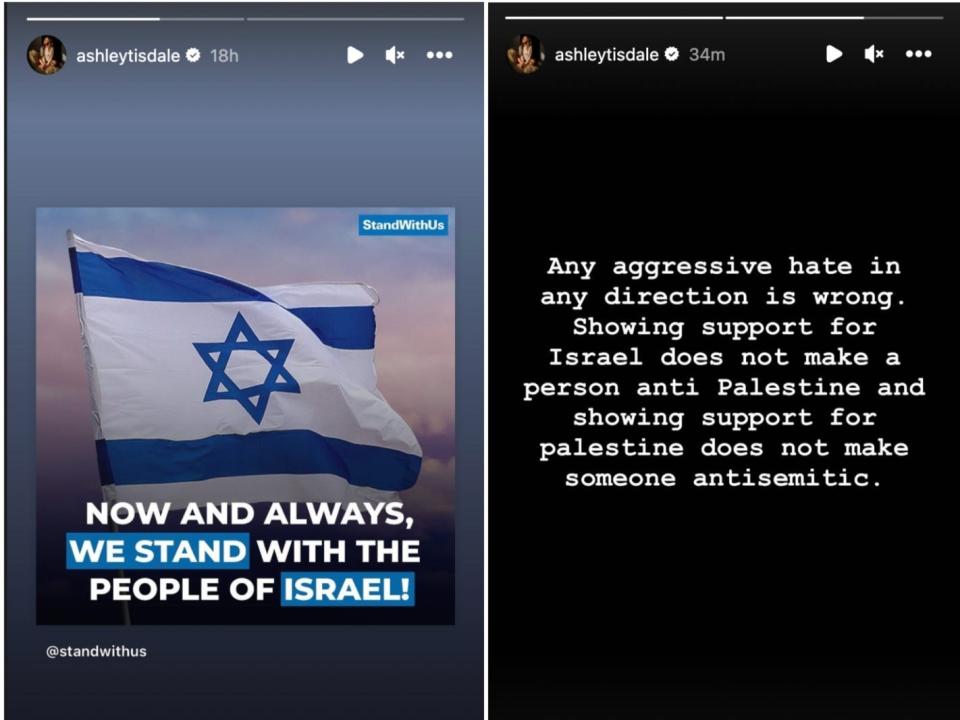 Screenshots from Ashley Tisdale's Instagram story, where she posted in support of Israel.