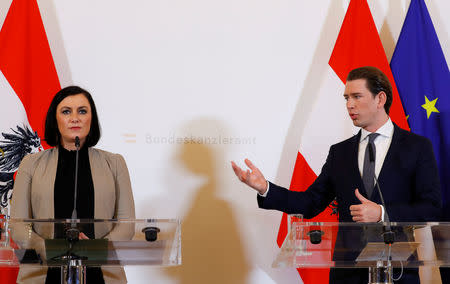 Austria's Chancellor Sebastian Kurz and Agriculture Minister Elisabeth Koestinger address the media in Vienna, Austria March 11, 2019. REUTERS/Leonhard Foeger