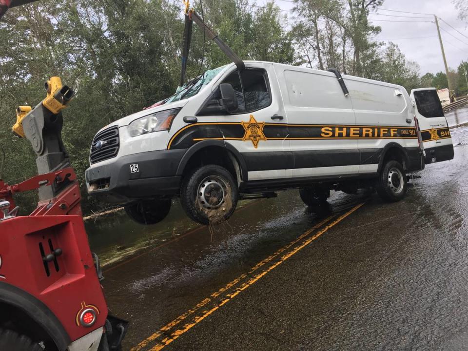 The Horry County Sheriff’s Office transport van is removed from the scene about a week after it drove into floodwaters outside of Nichols. Two mental health patients drown in the back and the deputies in charge of their safety were charged with manslaughter.