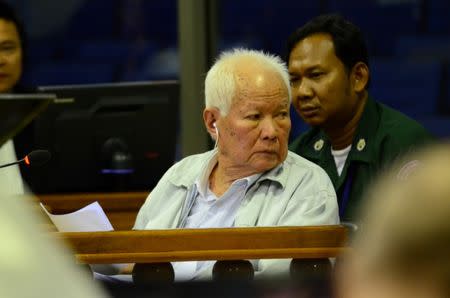 Former Khmer Rouge leader Khieu Samphan attends the closing statement in case 002/02 against former Khmer Rouge leaders Nuon Chea and Khieu Samphan, at the courtroom of the Extraordinary Chambers in the Courts of Cambodia (ECCC), on the outskirts of Phnom Penh, Cambodia, June 23, 2017. Nhet Sok Heng/Extraordinary Chambers in the Courts of Cambodia/Handout via REUTERS