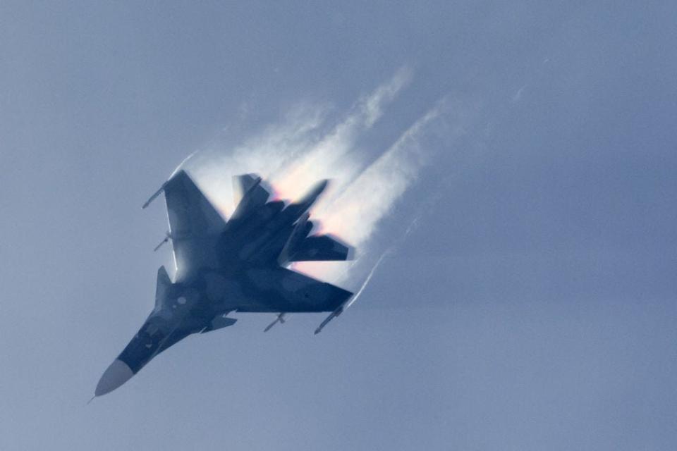 Sukhoi Su-34 jet fighter-bomber of Russian Air Force performs its demonstration flight at MAKS-2015 airshow near Zhukovsky, Moscow Region, Russia.