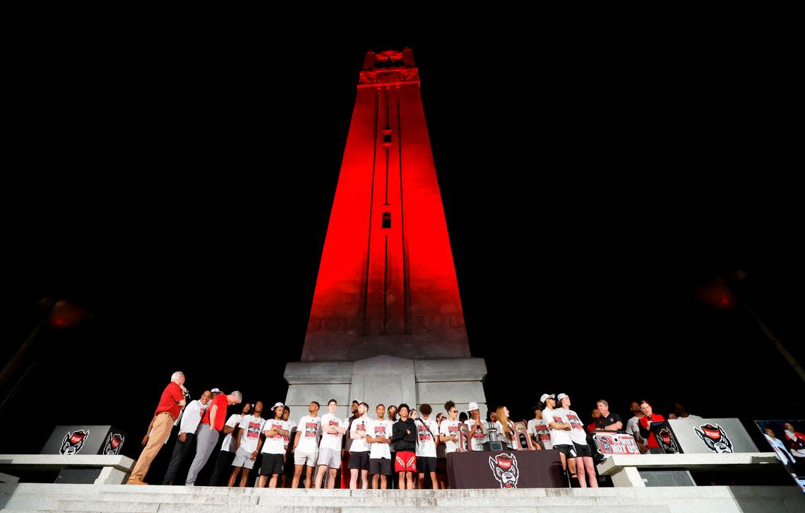 The N.C. State men’s and women’s basketball teams gathered at the Memorial Belltower Monday, April 15, 2024, for a celebration of both teams making the NCAA Tournament Final Four.