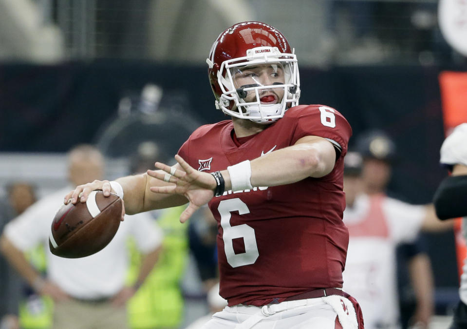 Oklahoma quarterback Baker Mayfield is looking to impress NFL scouts this week at the Senior Bowl. (AP Photo/Tony Gutierrez, File)