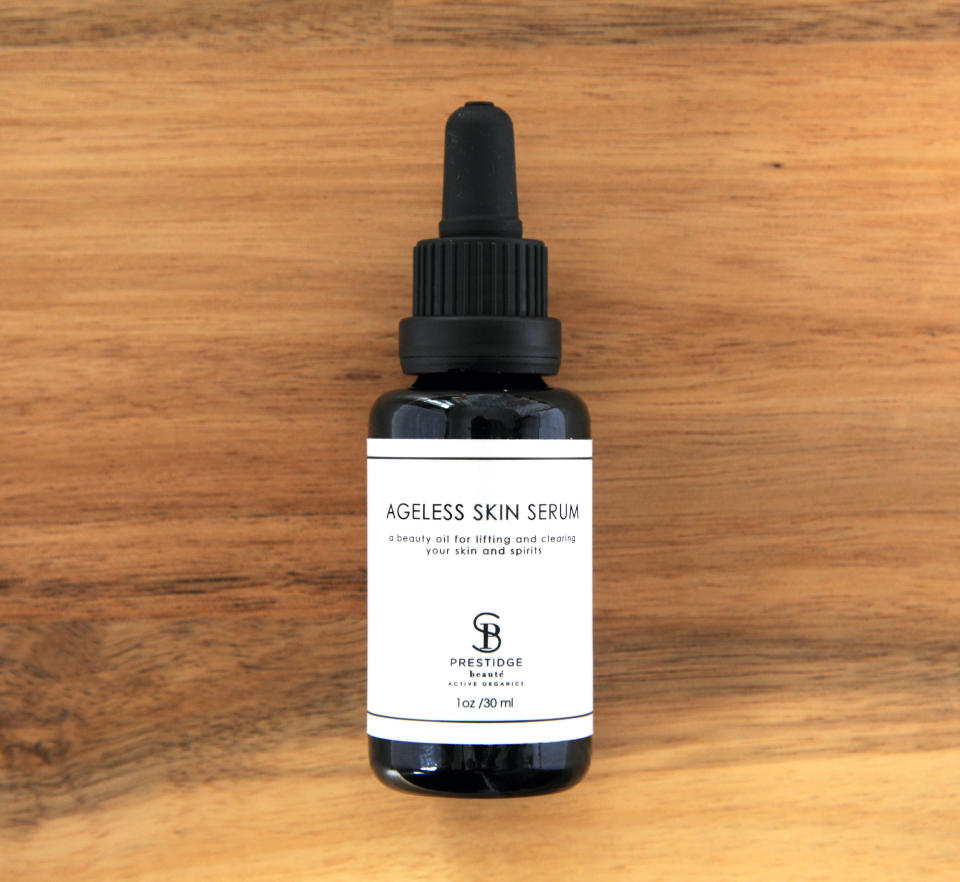 <a href="https://www.prestidgebeaute.com/organic-beauty-products/ageless-skin-serum" target="_blank">Prestidge Beaut&eacute;'s Ageless Skin Serum</a> is kind of a do-all serum. It's one of the pricier options on this list, but it's a powerful little product. Not only does it smell great, it also helps clear up blemishes and moisturizes and calms the skin. Once rubbed in, this serum works well under makeup -- it doesn't leave skin looking greasy or shiny, and products go on so smoothly over top.&nbsp;If you're into supporting American-made products, you'll also like that Prestidge products are made in Brooklyn, New York, and are by Jane Fonda's makeup artist, no less.&nbsp;&nbsp;<br /><br /><strong><a href="https://www.prestidgebeaute.com/organic-beauty-products/ageless-skin-serum" target="_blank">Prestidge Beaute Ageless Skin Serum</a>, $125</strong>