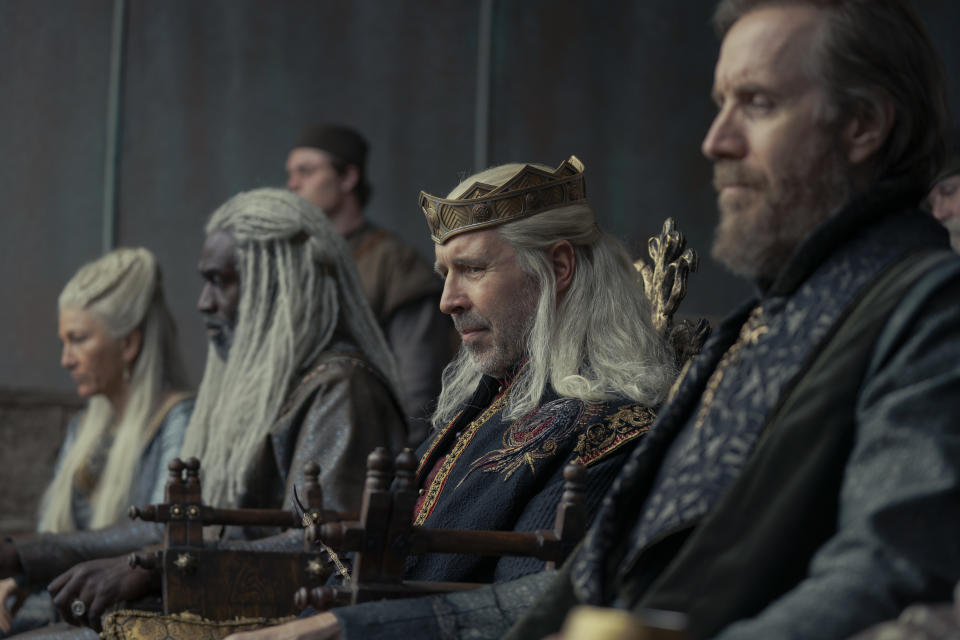 Lady Lynesse Targaryen (Alana Ramsay), Lord Corlys Vaelaryon (Steve Toussaint), King Viserys Targaryen (Paddy Considine) and Otto Hightower (Rhys Ifans) in House of the Dragon (Sky)