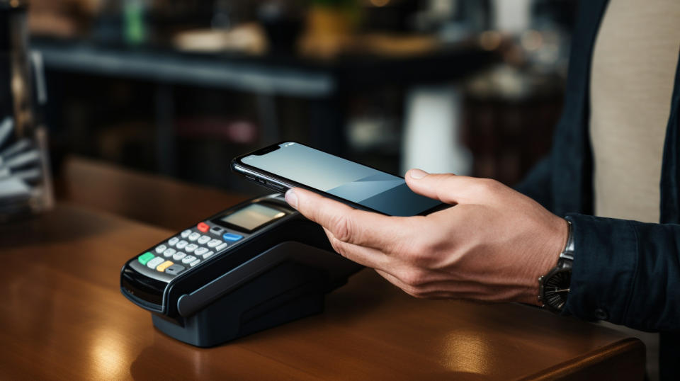 A customer authenticating himself on a sleek, modern touch-screen device.