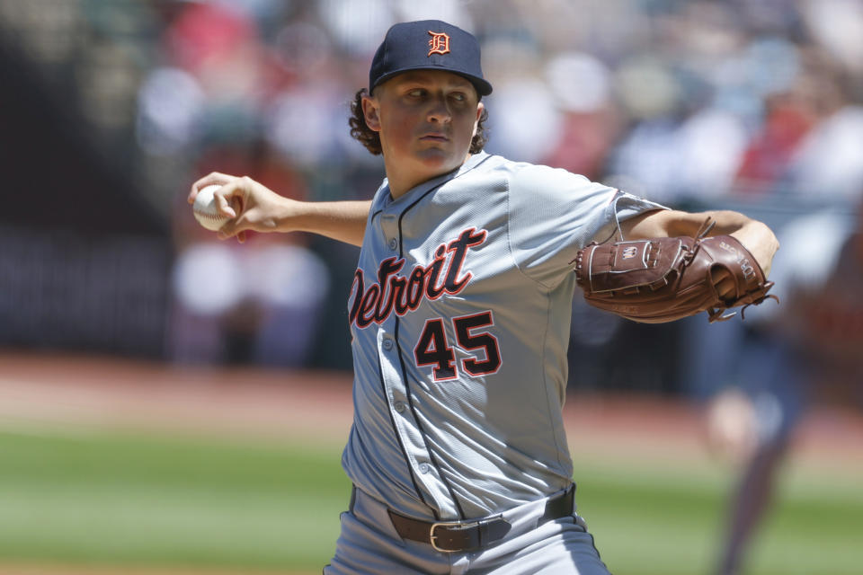 Detroit Tigers pitcher Reese Olson delivers against the Cleveland Guardians during the first inning of a baseball game, Wednesday, May 8, 2024, in Cleveland. (AP Photo/Ron Schwane)