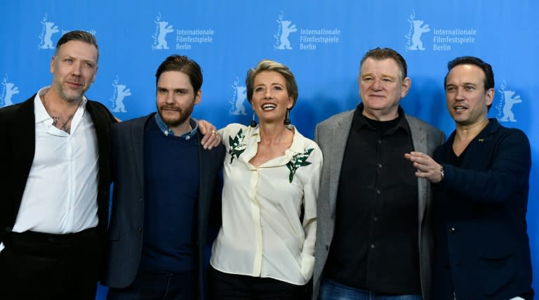 L-R: Actors Mikael Persbrandt, Daniel Bruehl, Emma Thompson, Brendan Gleeson, director Vincent Perez pose during a photo call for the film "Alone in Berlin " screened in competition at Berlinale Film Festival on February 15, 2016